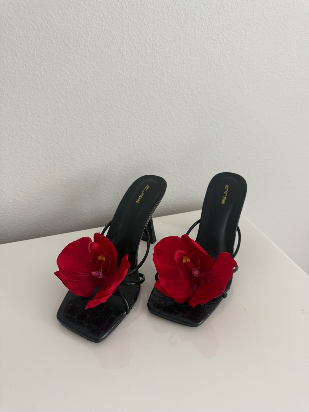 PrettyLittleThing Black Strappy Heels with Red Orchid Detail